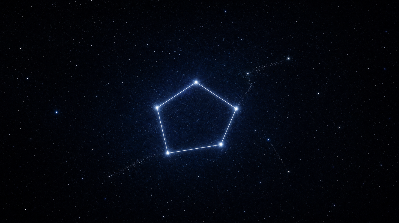 A closed pentagon traced in glowing white light against a dark starfield, with two other attempted traces dissolving into static nearby.